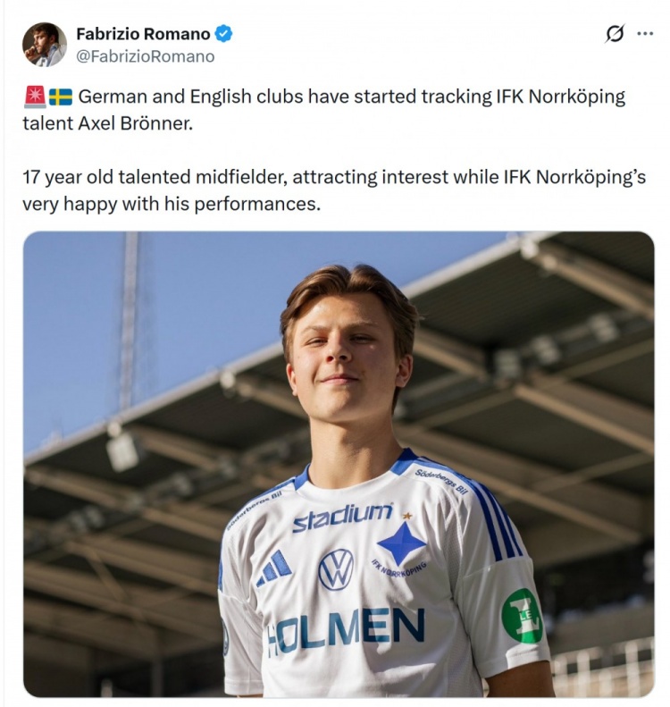 世俱杯下注网站-罗马诺：德国、英格兰俱乐部关注北雪平17岁中场布伦纳
